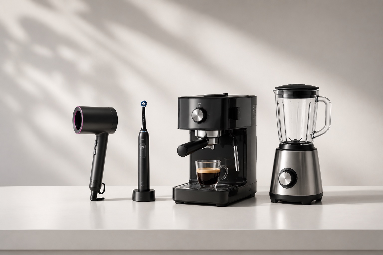 Föhn, elektrische Zahnbürste, Espressomaschine und Standmixer auf heller Arbeitsfläche